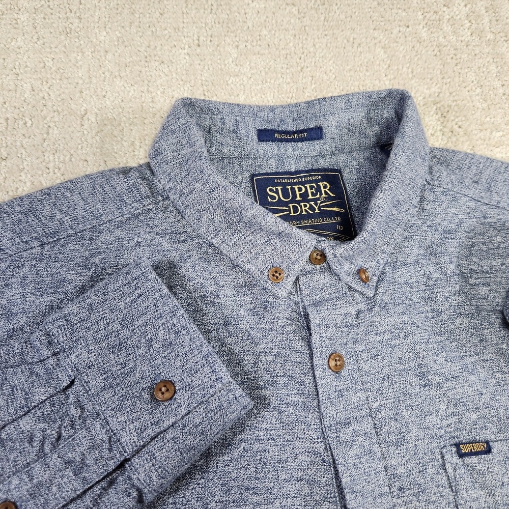 Superdry Shirt Men Large Knit‎ Oxford Chambray Blue Button Down Japanese Gusset